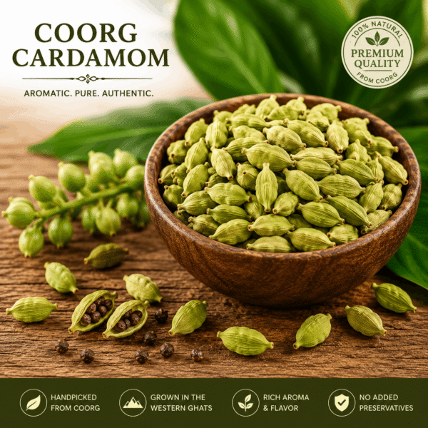 Premium quality Coorg cardamom with rich aroma and plantation freshness