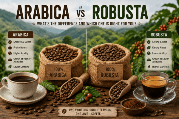 Arabica vs Robusta coffee comparison showing coffee beans, flavor profiles, caffeine levels and key differences between the two coffee varieties