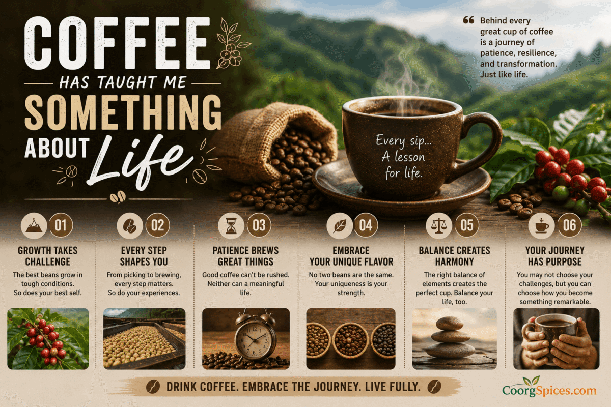 Steaming cup of coffee with coffee beans and plantation background representing life lessons, patience, resilience and personal growth