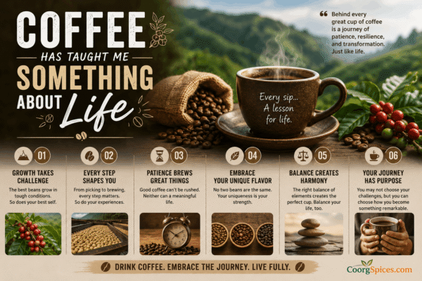 Steaming cup of coffee with coffee beans and plantation background representing life lessons, patience, resilience and personal growth