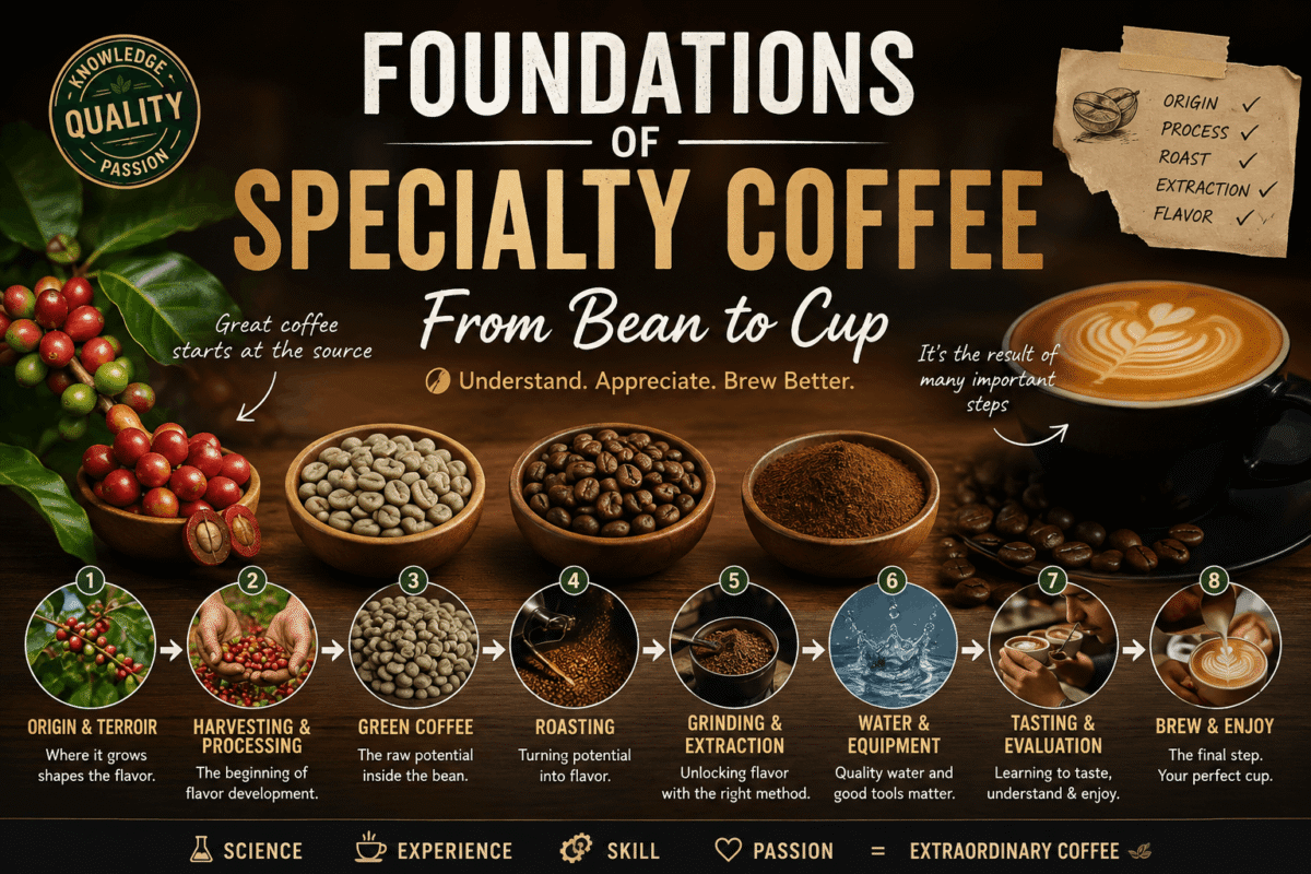 Infographic showing the specialty coffee journey from coffee origin, harvesting and processing through green coffee, roasting, grinding, brewing, tasting, and enjoying the final cup.