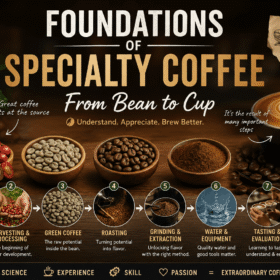 Infographic showing the specialty coffee journey from coffee origin, harvesting and processing through green coffee, roasting, grinding, brewing, tasting, and enjoying the final cup.