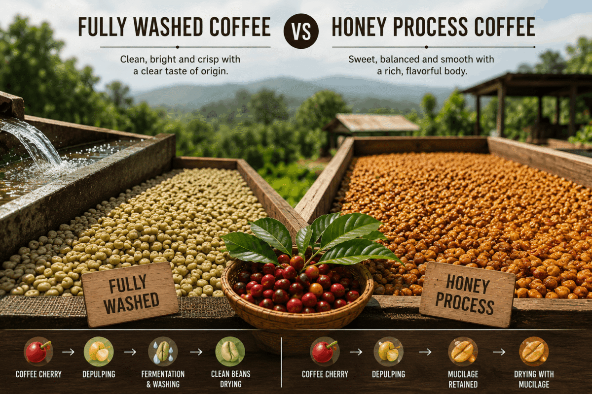 Fully washed coffee and honey process coffee drying on coffee estate beds showing the differences in coffee processing methods