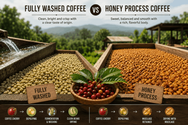 Fully washed coffee and honey process coffee drying on coffee estate beds showing the differences in coffee processing methods