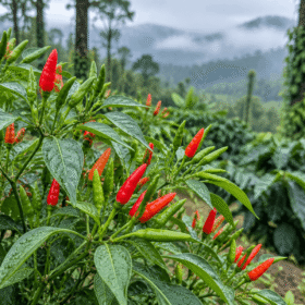Authentic Gandhari birds eye chilli plants growing in a Coorg plantation with green and red chillies