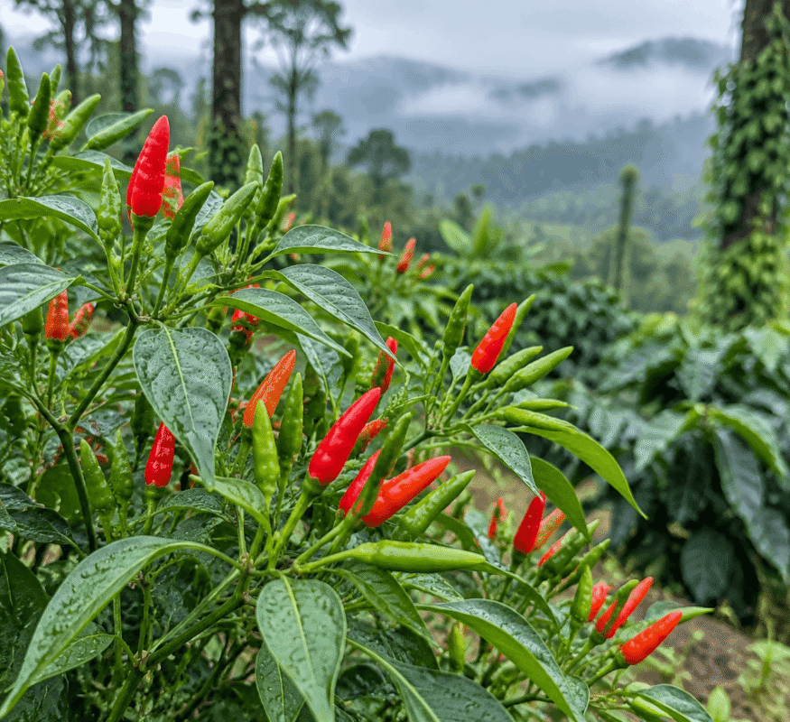 Authentic Gandhari birds eye chilli plants growing in a Coorg plantation with green and red chillies