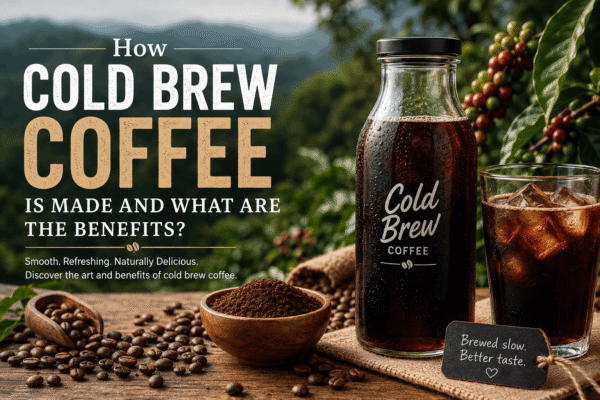 Cold brew coffee preparation with coffee beans, cold brew concentrate and iced coffee showing how cold brew coffee is made and its benefits